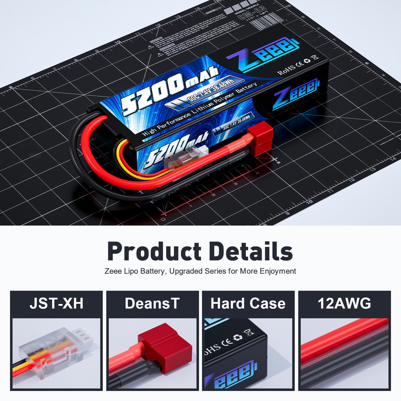 Zeee 2S Lipo Battery 5200mAh 7.4V 50C Deans for RC Car Truck Heli Airplane Drone