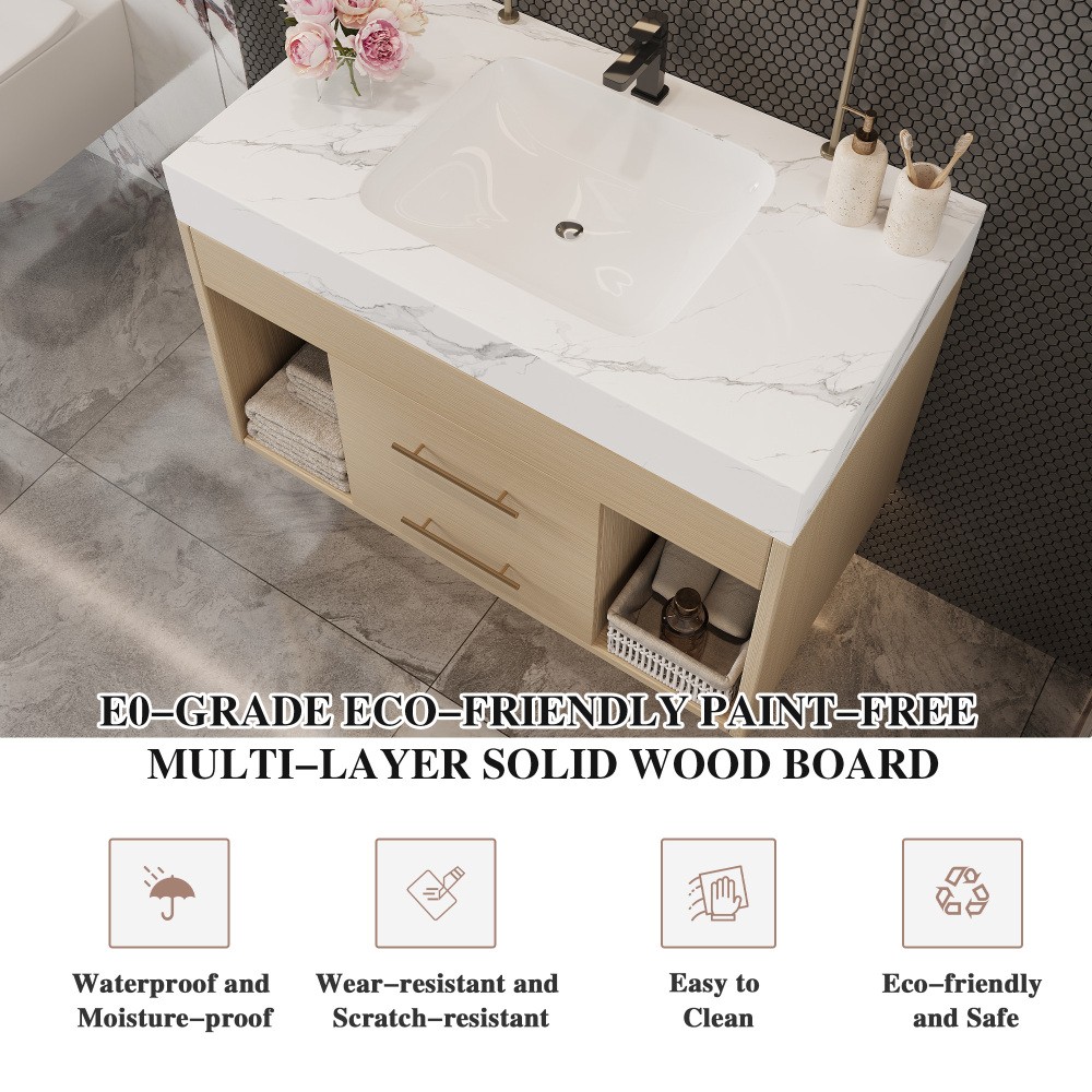29.9" Modern Floating Bathroom Vanity with Sintered Stone Top &Ceramic Sink
