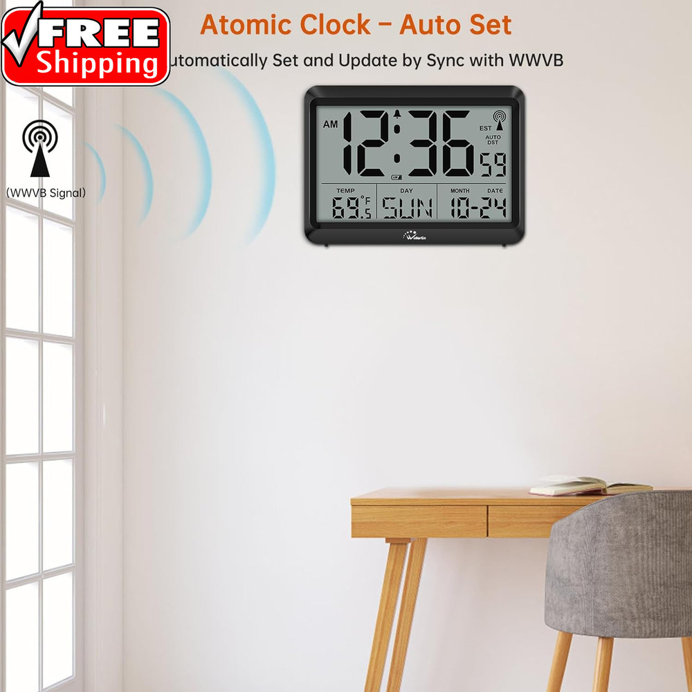 Atomic Digital Wall Clock Battery Operated, Self-Setting, Large Display with Tem
