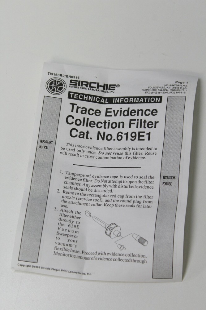 Sirchie 619E1 Collection Filter Crevice Attachment Evidence Bag Assembly
