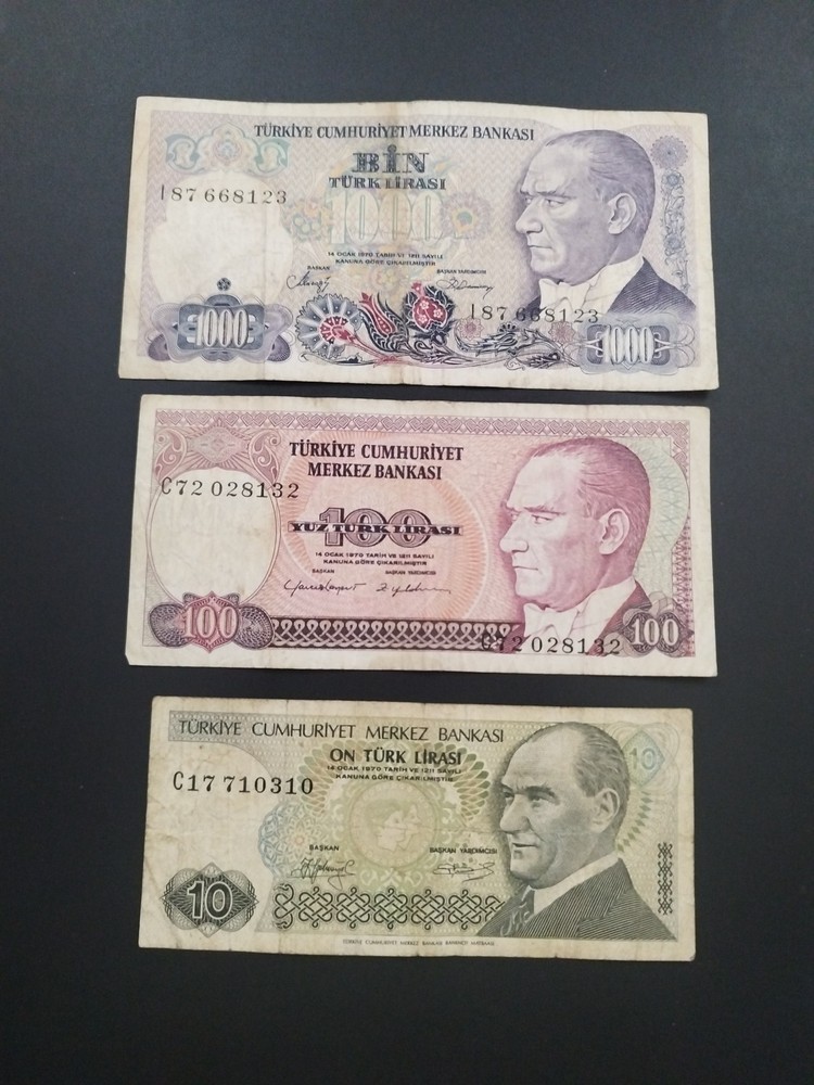 Turkey 3 different banknotes 1970s-1980s