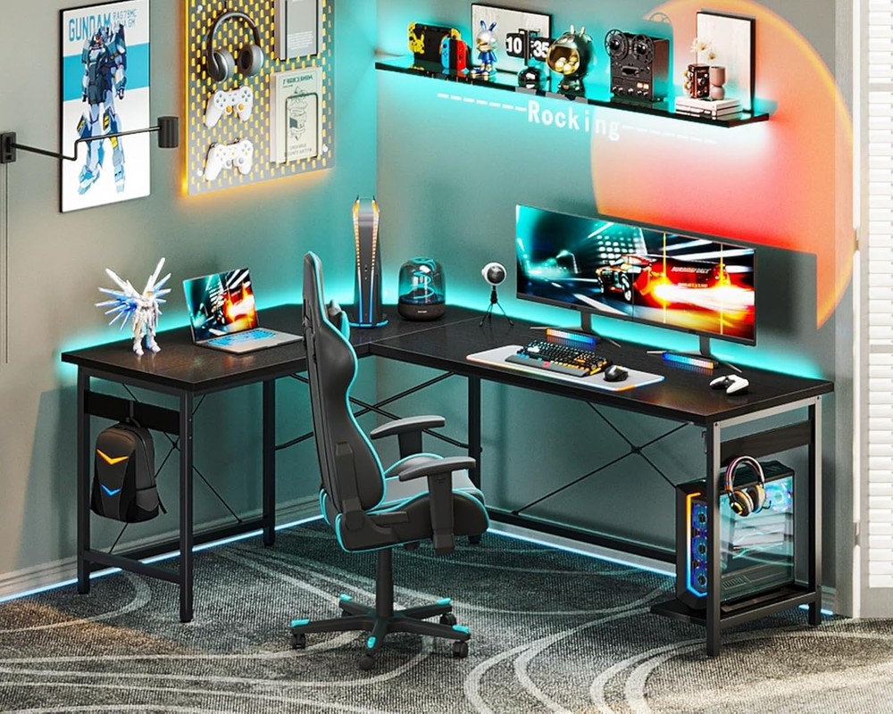Home Office L Shape Corner Computer Desk Gaming PC Table with CPU Stand Side Bag