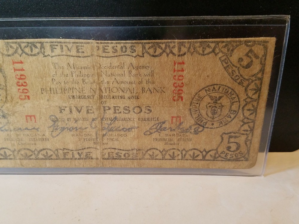 1942 Emergency Circulating Note Philippines Currency Five Pesos