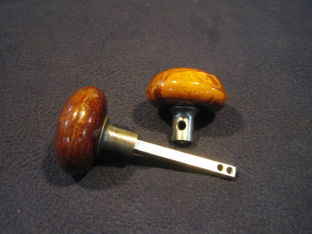 Pair Antique Brown Marble Swirl Tiger Eye Bennington Porcelain Door Knobs 1890's