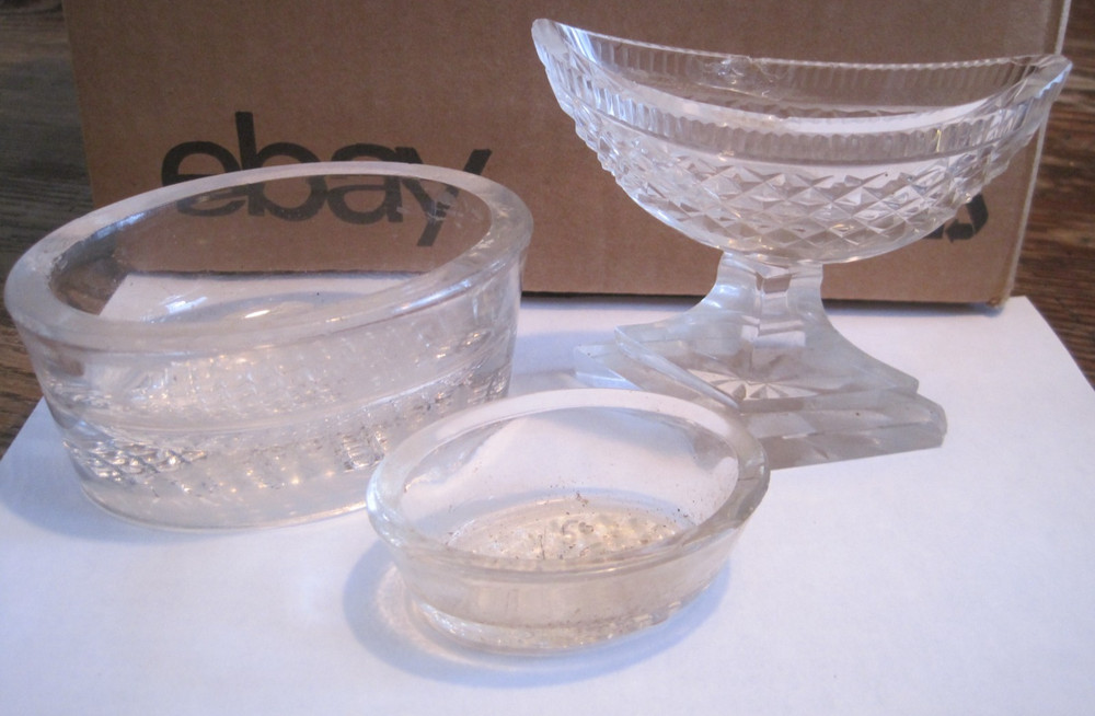 HEAVY Pressed Glass OVAL HERRINGBONE MASTER SALT Dip/Cellar&FOOTED LOT 3-DEFECTS