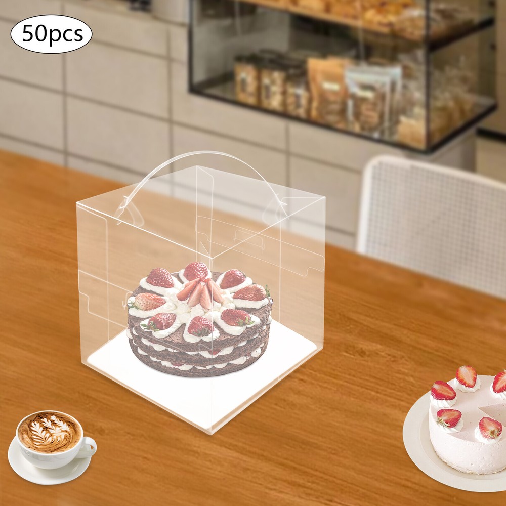 50 Count Clear Cake Boxes Set - Square Design with Sturdy Handle US