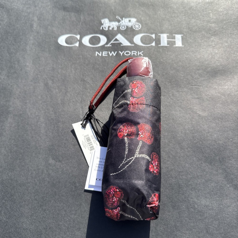 Coach UV Protection Mini Umbrella With Cherry Print CDF36 Silver/Black Multi