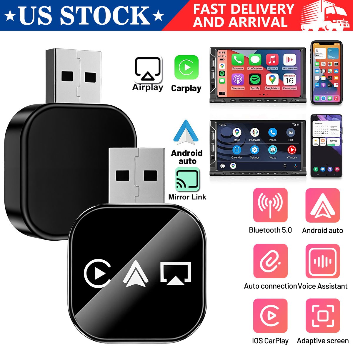 2026 Mini Carplay Adapter 3IN1 Wireless Carplay & Android Auto & Mirror Link US