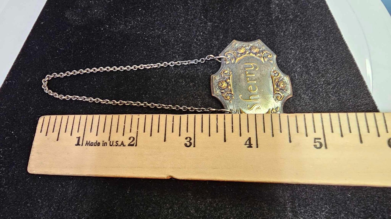 Victorian Sherry Decanter Label tag 2-tone gold silver 3D embossed rose flower