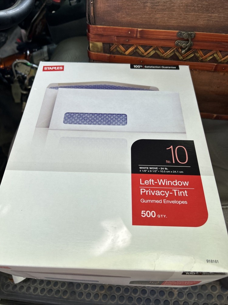 500 #10 Single Left Window Security Tinted Envelopes, Gummed Closure