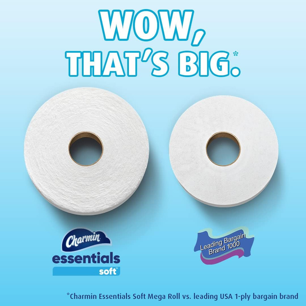 Essentials Soft Toilet Paper, 9 Mega Rolls = 36 Regular Rolls