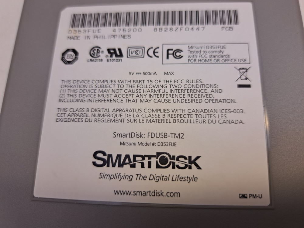 Smart Disk Fd-05PUB USB External 3.5" 1.44 MB Floppy Disk Drive - TESTED