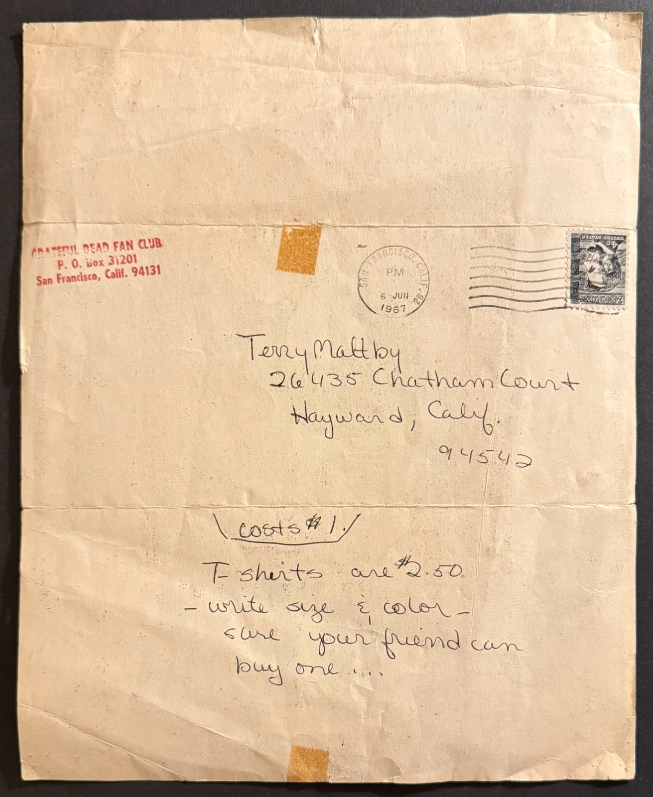 Golden Road POSTMARKED 1967 8" x 10" GRATEFUL DEAD FAN CLUB FLYER Stanley Mouse