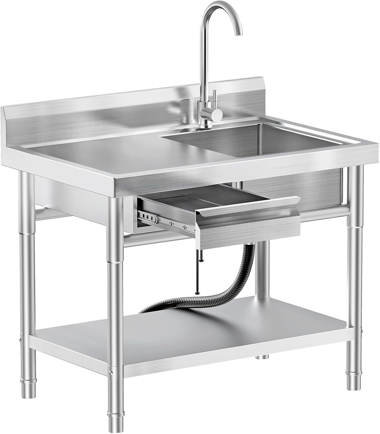 Stainless Steel Freestanding Single Bowl Laundry Sink with Workbench Drawers
