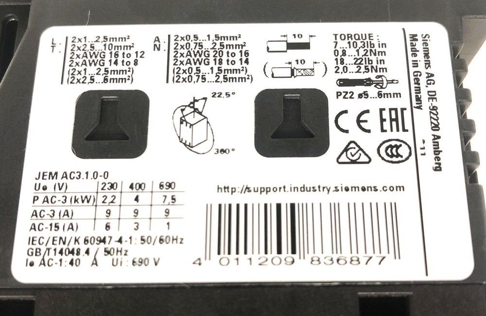 Siemens Power Contactor 3RT2023-1BB44 NOS