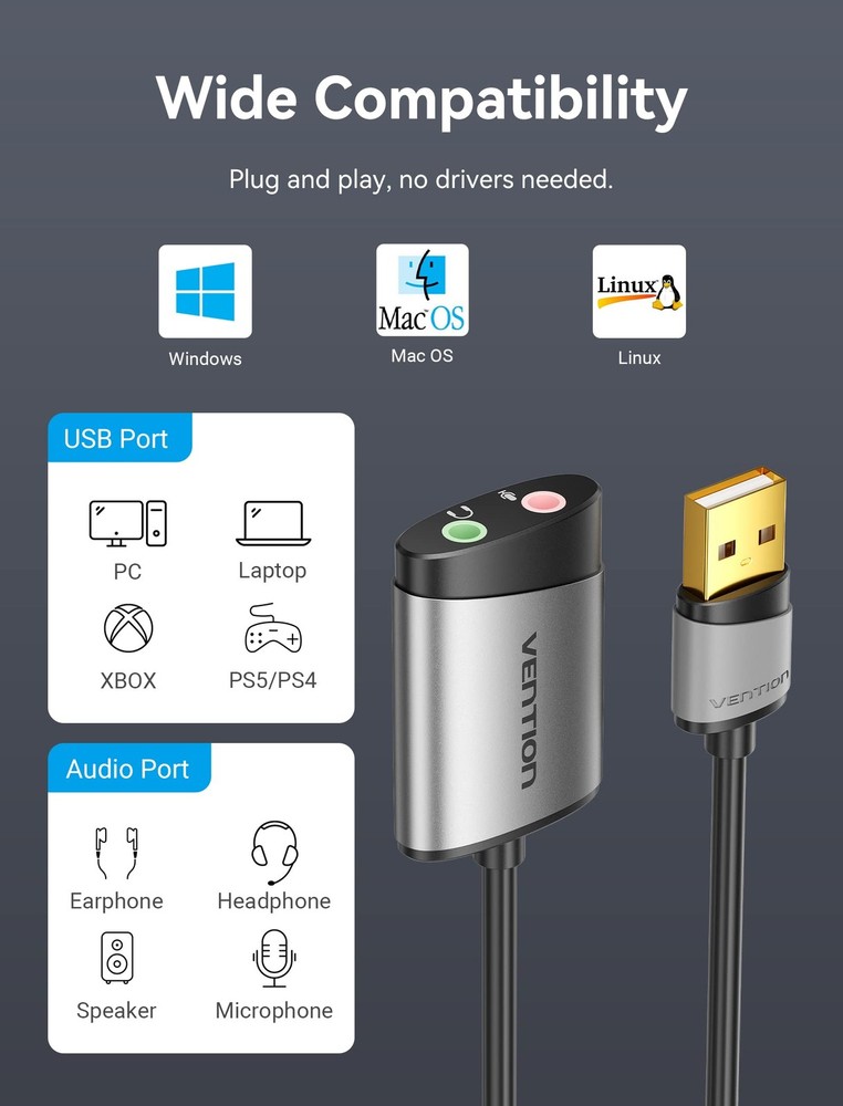 USB Audio Adapter - VENTION External Stereo Double Jack, Jack
