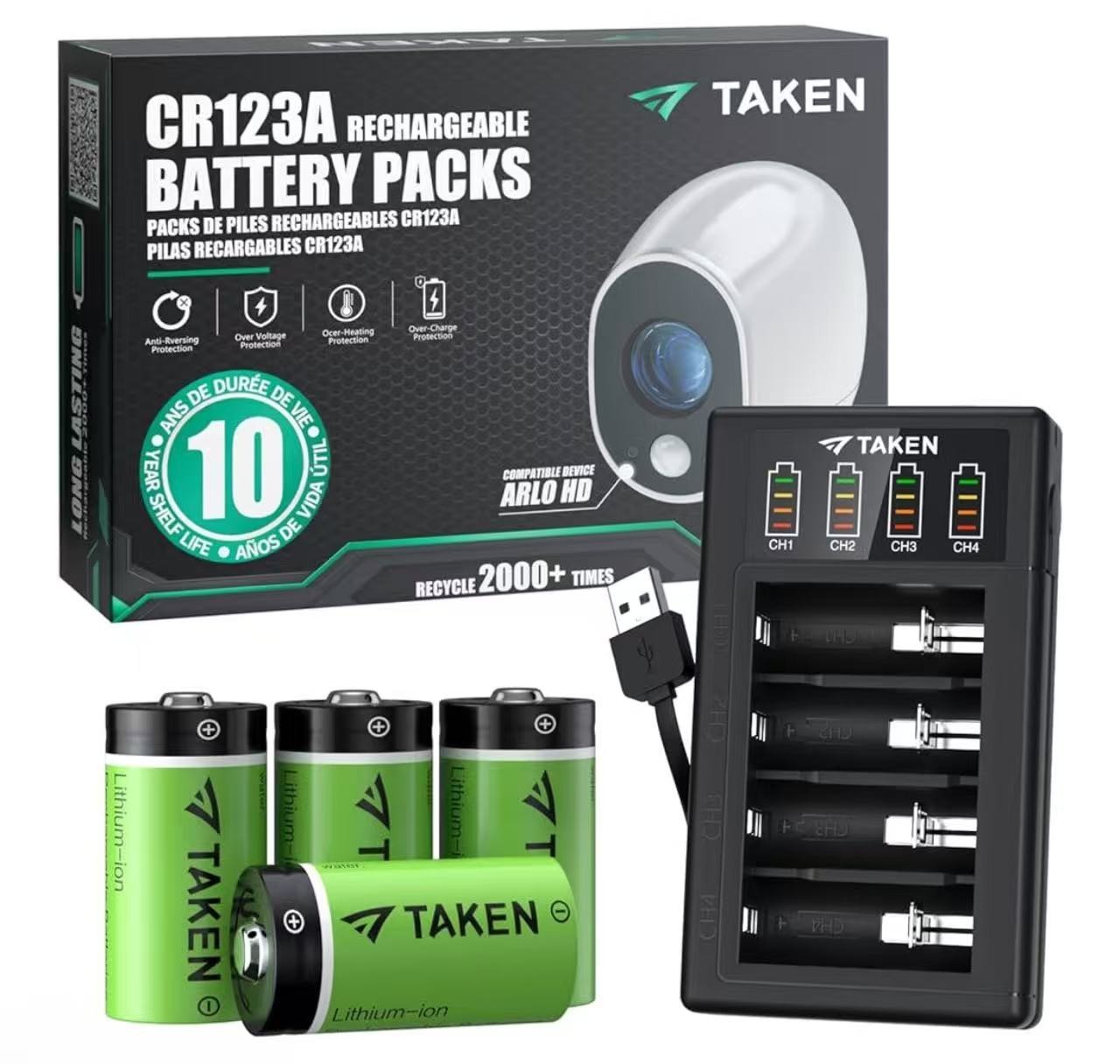 Taken CR123A Rechargeable Batteries 4 Pack, 3.7V Lithium Battery and LED Charger