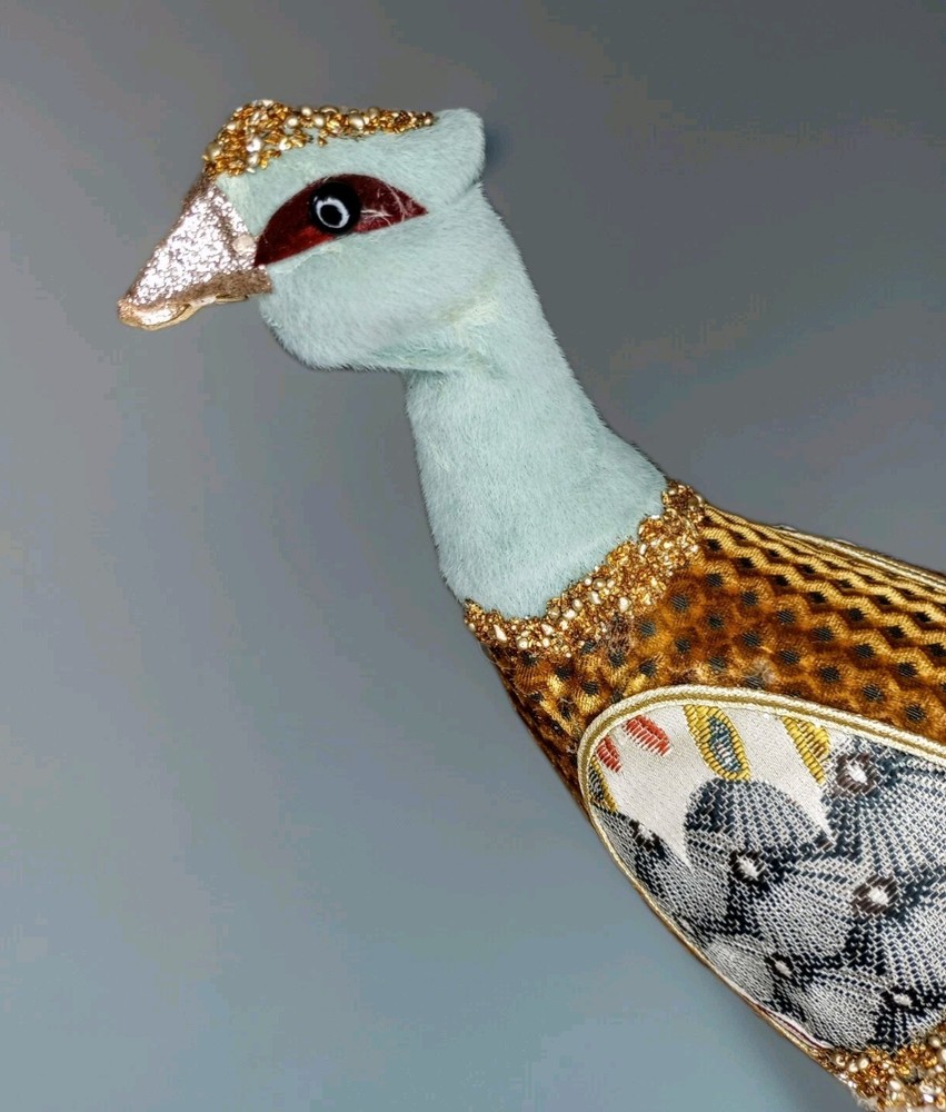 Designer Handcrafted Patchwork Pheasant With Jewels & Genuine Tail Feathers