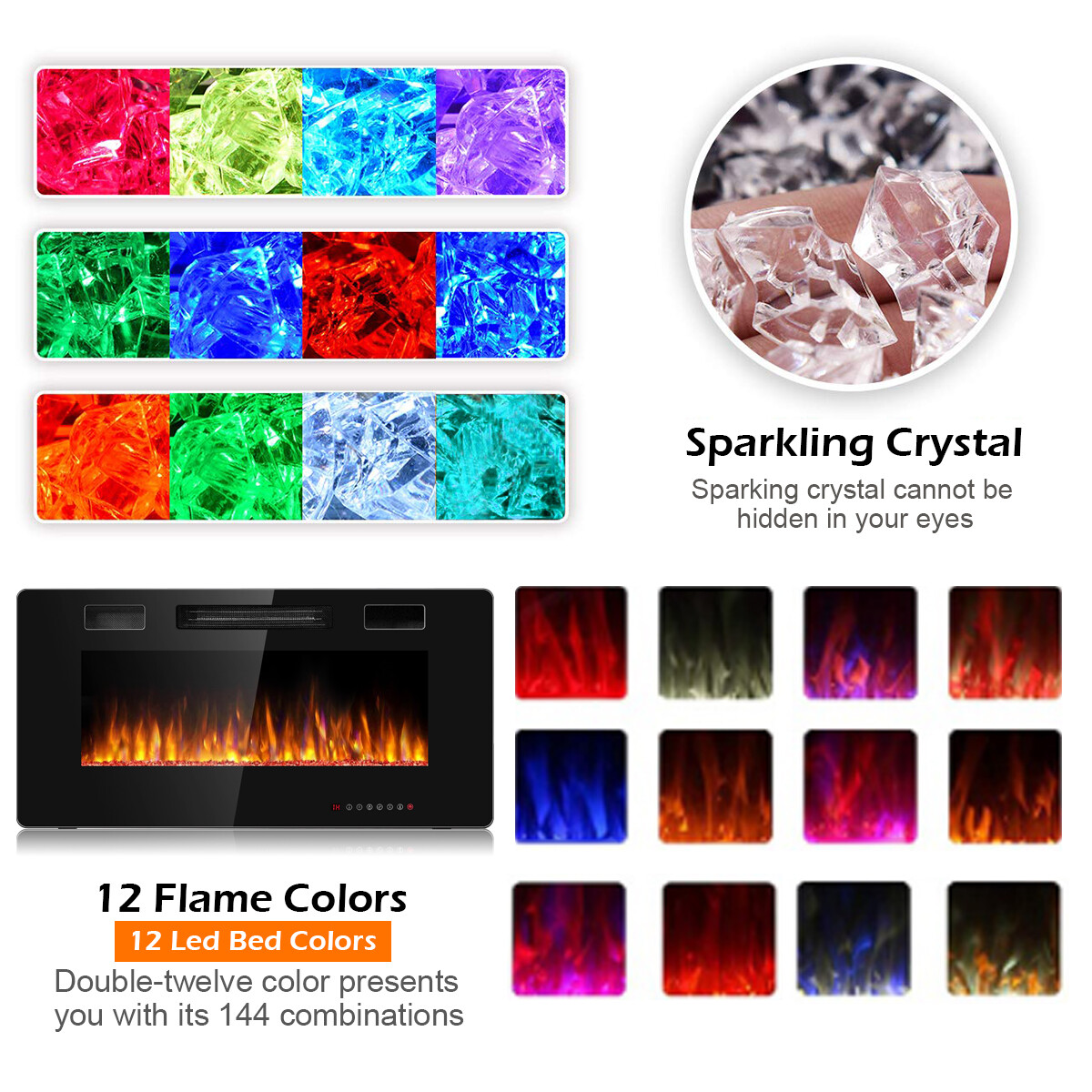 36" Electric Fireplace Heater Recessed Ultra Thin Wall Mounted Multicolor Flame