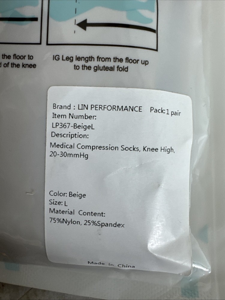 Lin Performance Graduated Open Toe Knee High Compression Socks Sz L Beige