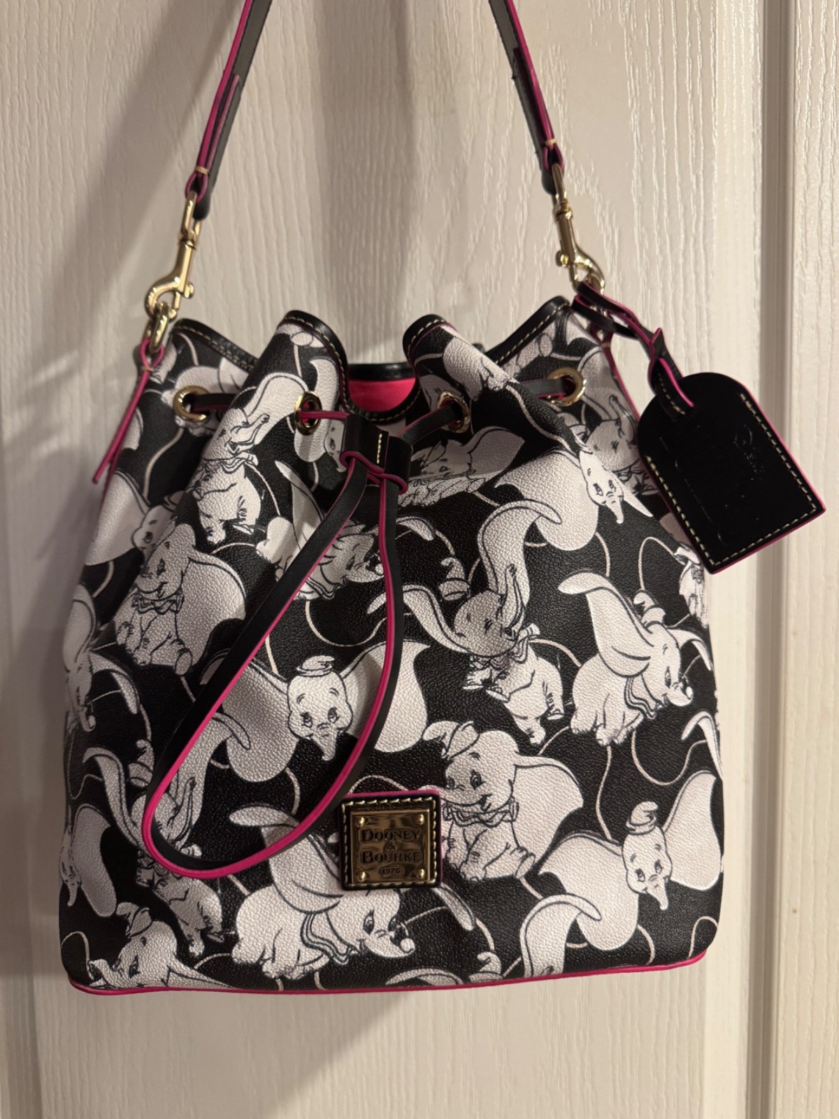 Dooney & Bourke Disney Black White Pink Dumbo Drawstring Bucket Purse Handbag