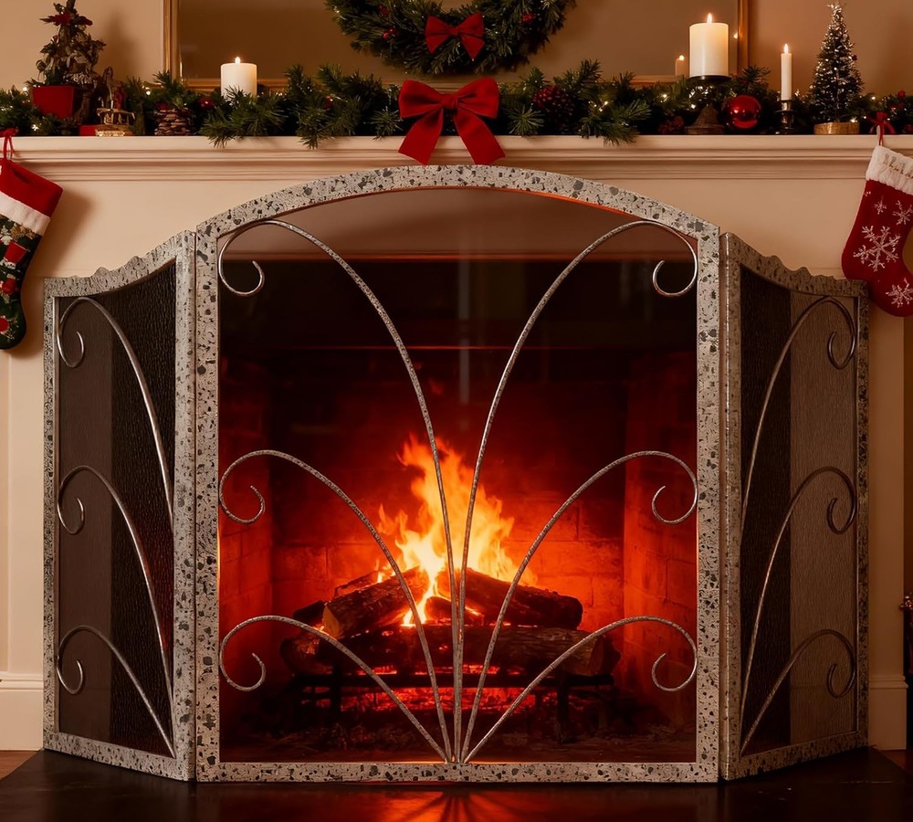 3-Panel Arched Fireplace Screen Decorative Handcrafted Scroll Wrought Iron
