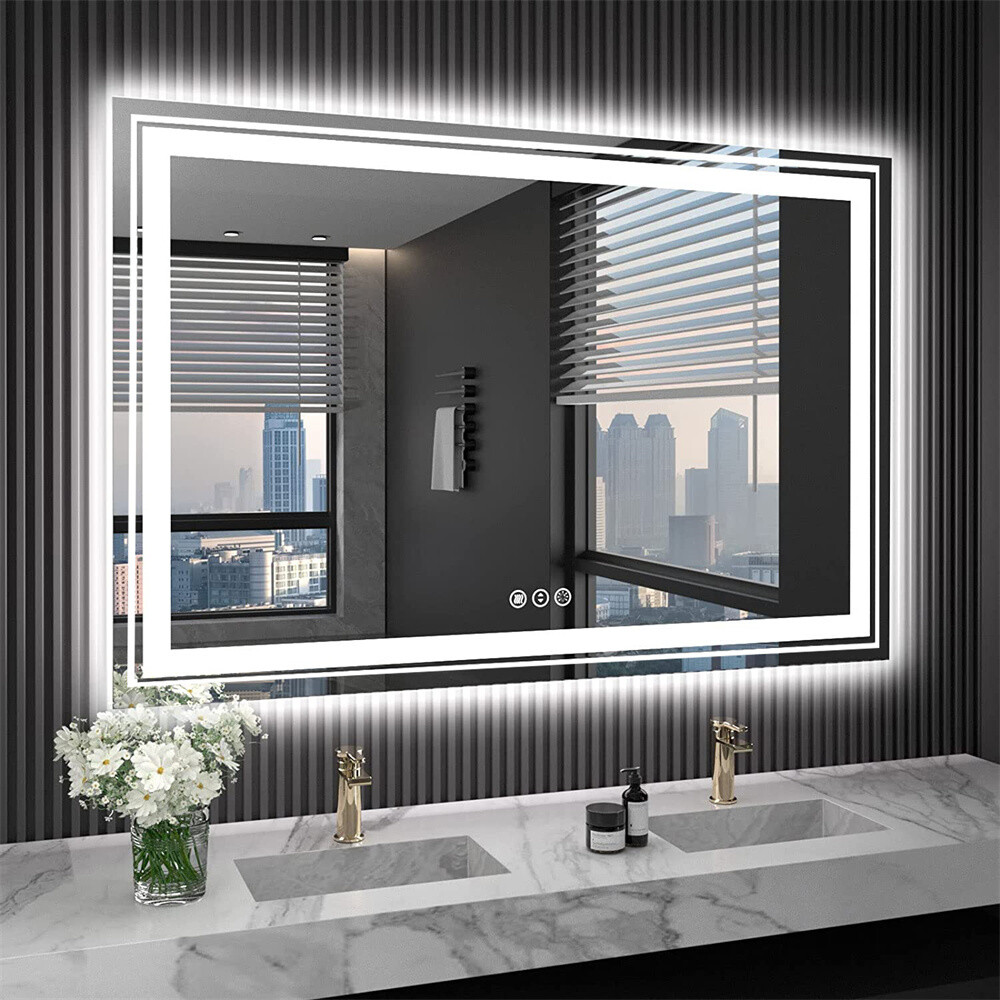 LED Mirror for Bathroom Vanity Front Light + Backlit Stepless Dimmable Anti-Fog
