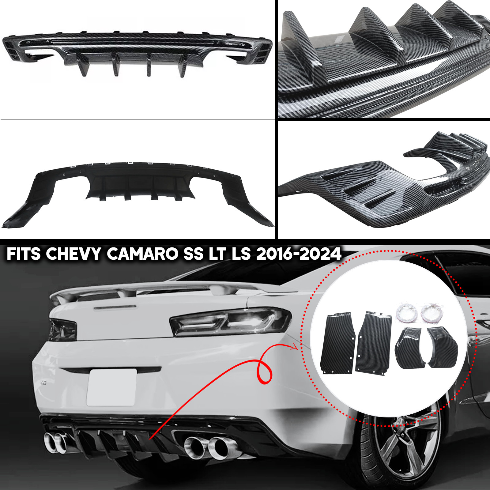 Carbon Fiber Rear Bumper Lip Diffuser Spoiler For Chevy Camaro SS LT LS 2016-24
