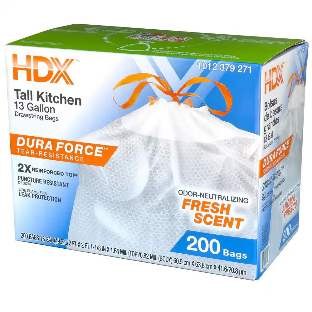 13 Gallon Fresh Scent Tall Kitchen Trash Bags with Drawstring, 200-Count