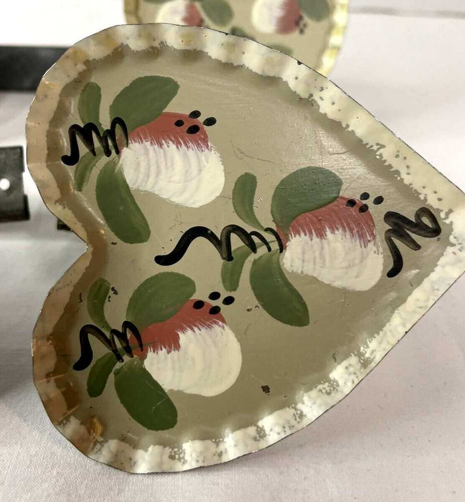 Hand Painted Artist Crafted Tin Heart Curtain Pull Backs Two Sets Cottage Core