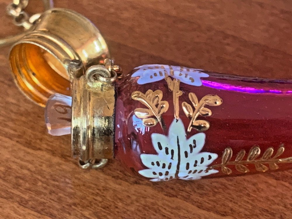 Antique Moser Enamel Cranberry Glass Chatelaine Cornucopia Perfume Scent Bottle