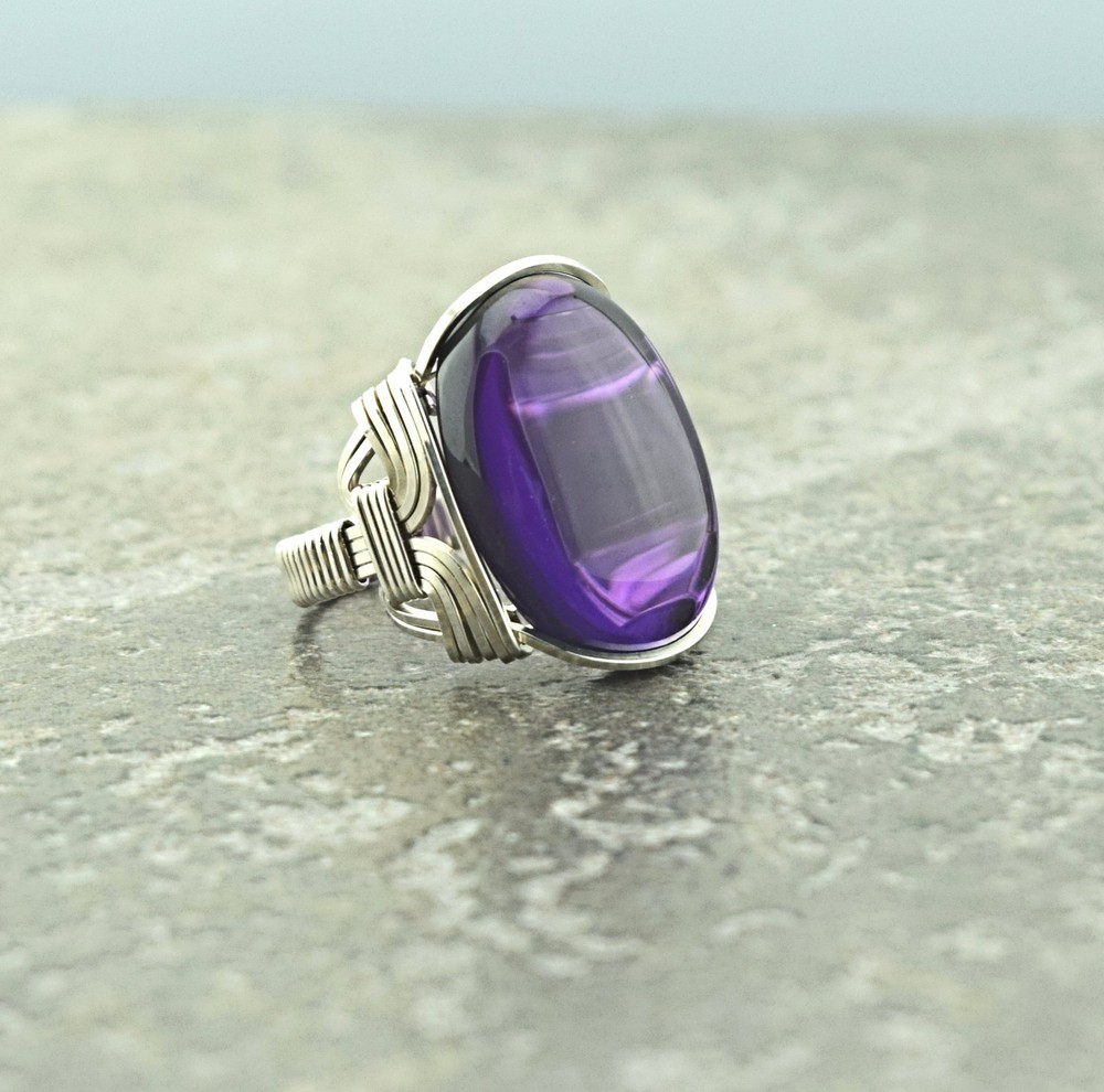 Handcrafted Sterling Silver Large Amethyst Quartz Wire Wrapped Ring