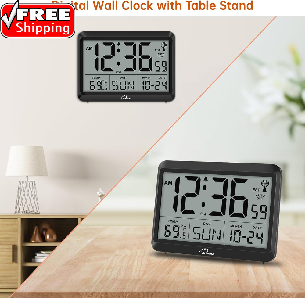 Atomic Digital Wall Clock Battery Operated, Self-Setting, Large Display with Tem