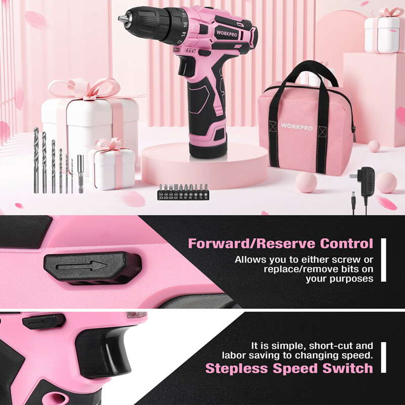 WORKPRO Pink Cordless Drill Driver Set 12V Screwdriver Driver 3/8" Keyless Chuck