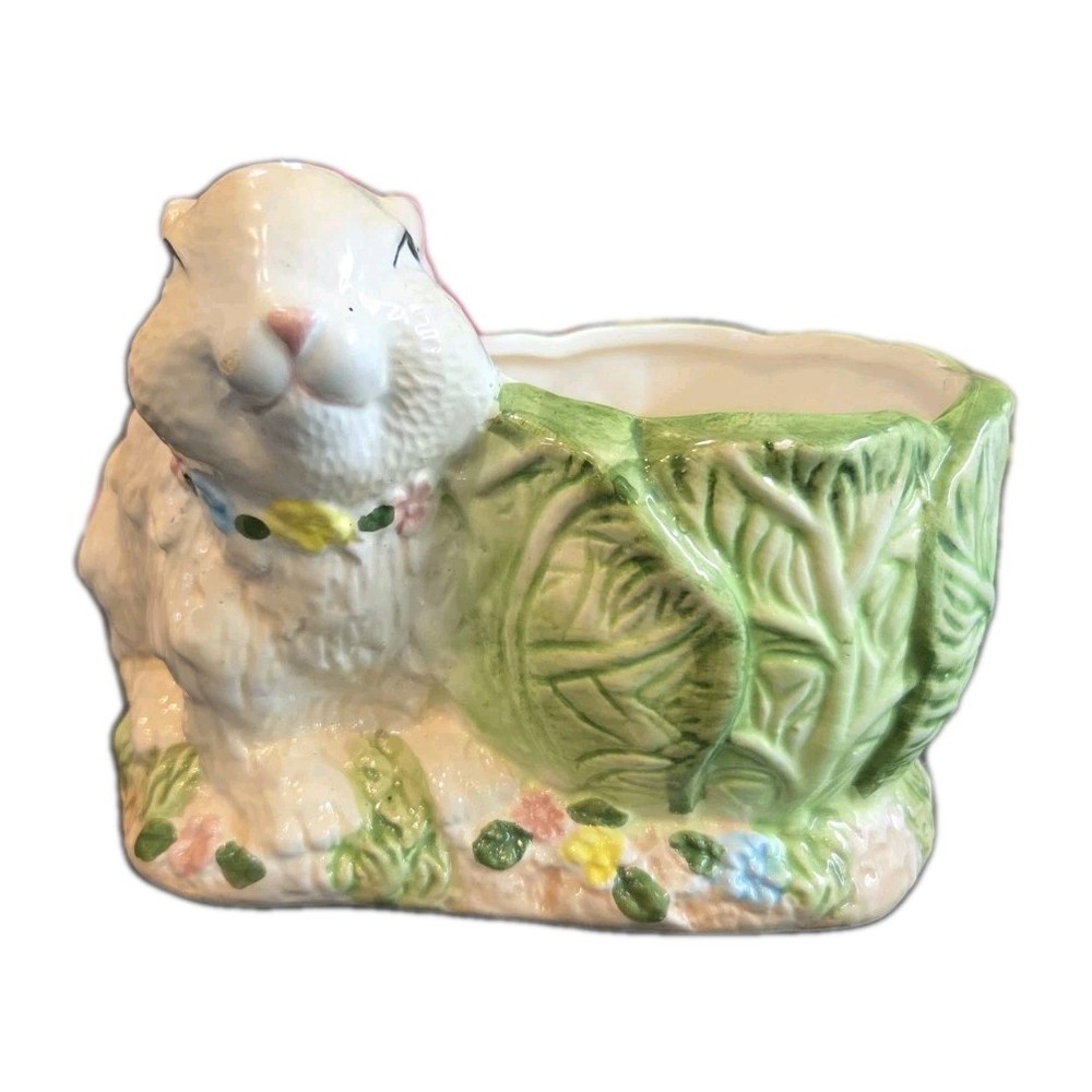 Large Bunny Planter White Rabbit w/ Cabbage Lettuce Leaf Planter