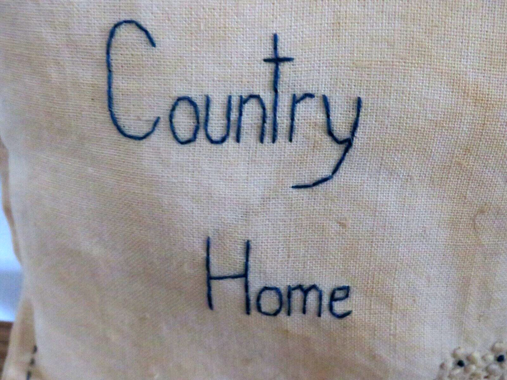 Linen Pillow, Tea-Stained for Primitive Look, Charming Needle Work, 7" Sq.