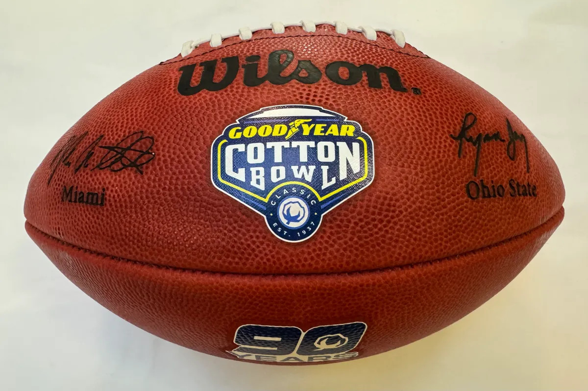 2025 CFP COTTON BOWL OHIO STATE-MIAMI COMMEMORATIVE FOOTBALL + BONUS TICKETS!