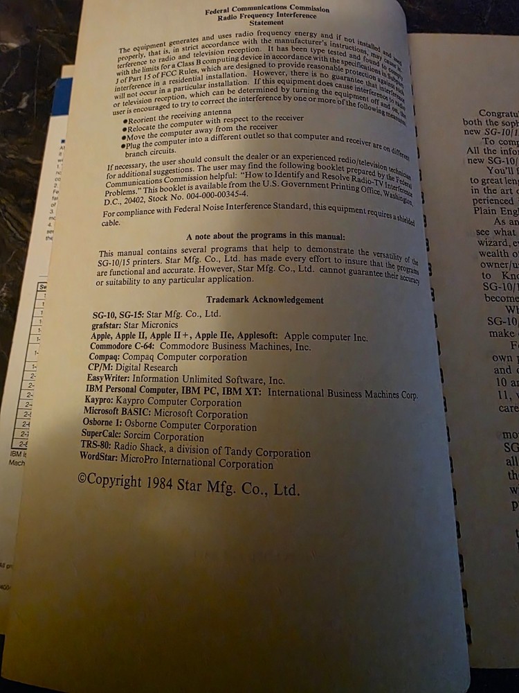 Vintage Star Micronics SG-10/15 Dot Matrix Printer Users Manual Book 1984