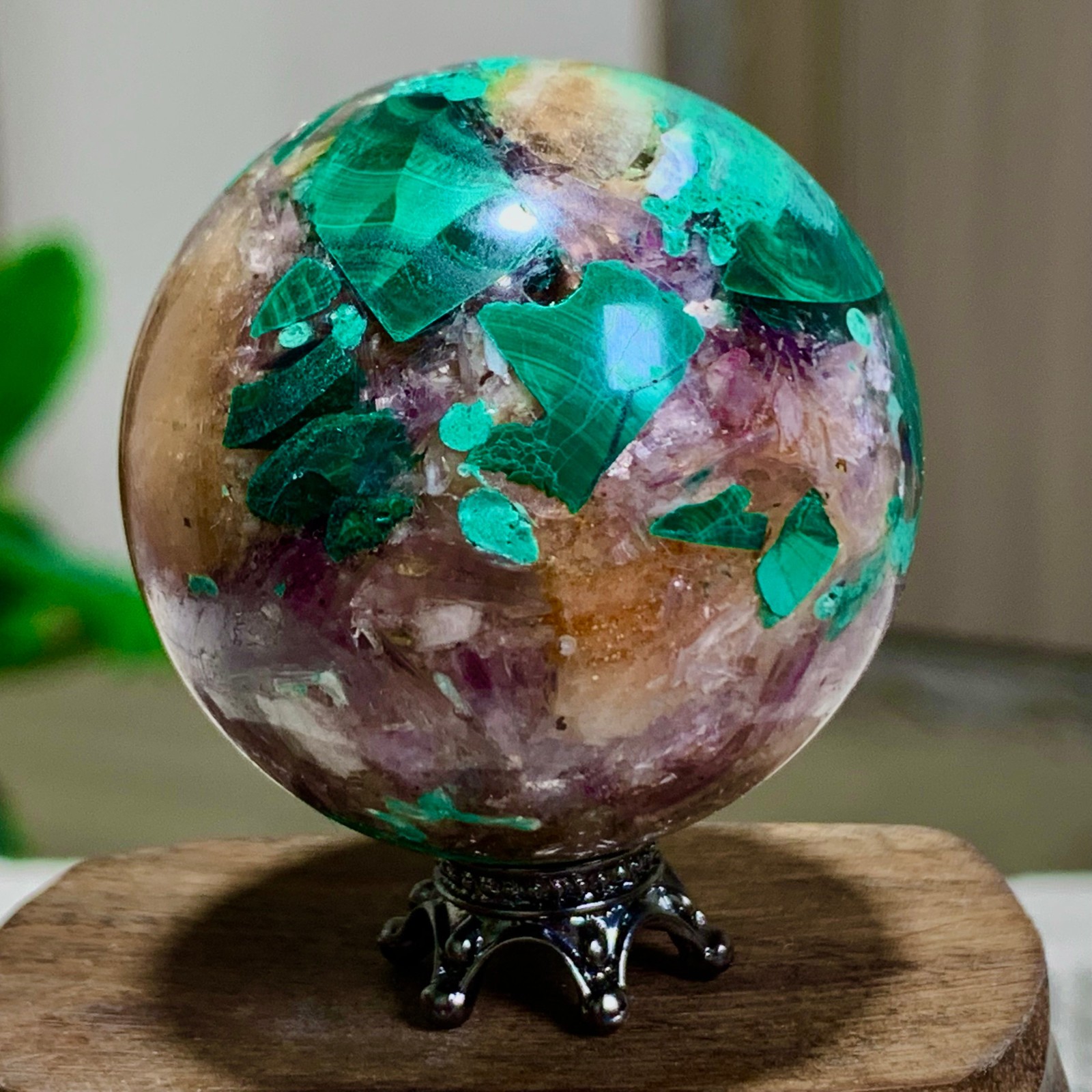 85G Newly discovered rare malachite purple mica symbiotic sphere restoration