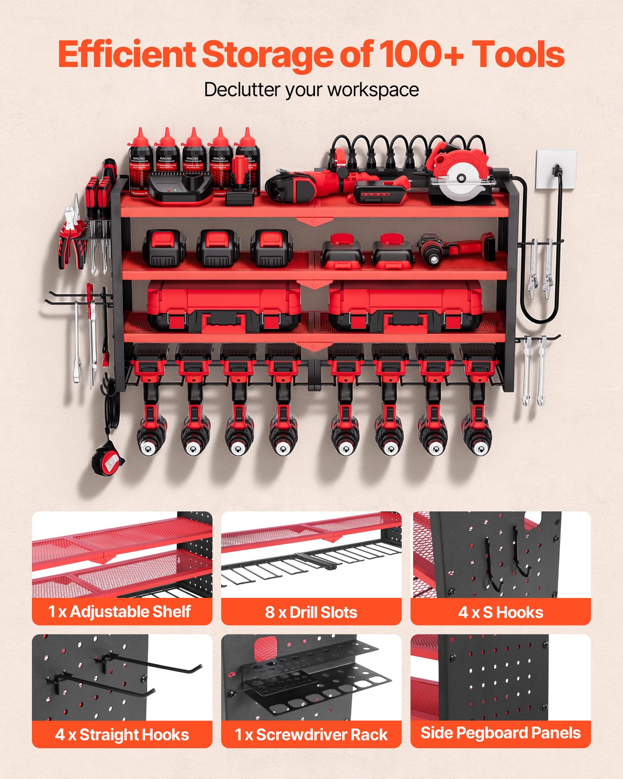 VEVOR Power Tool Organizer with Charging Station 4-Layer Drill Storage Rack