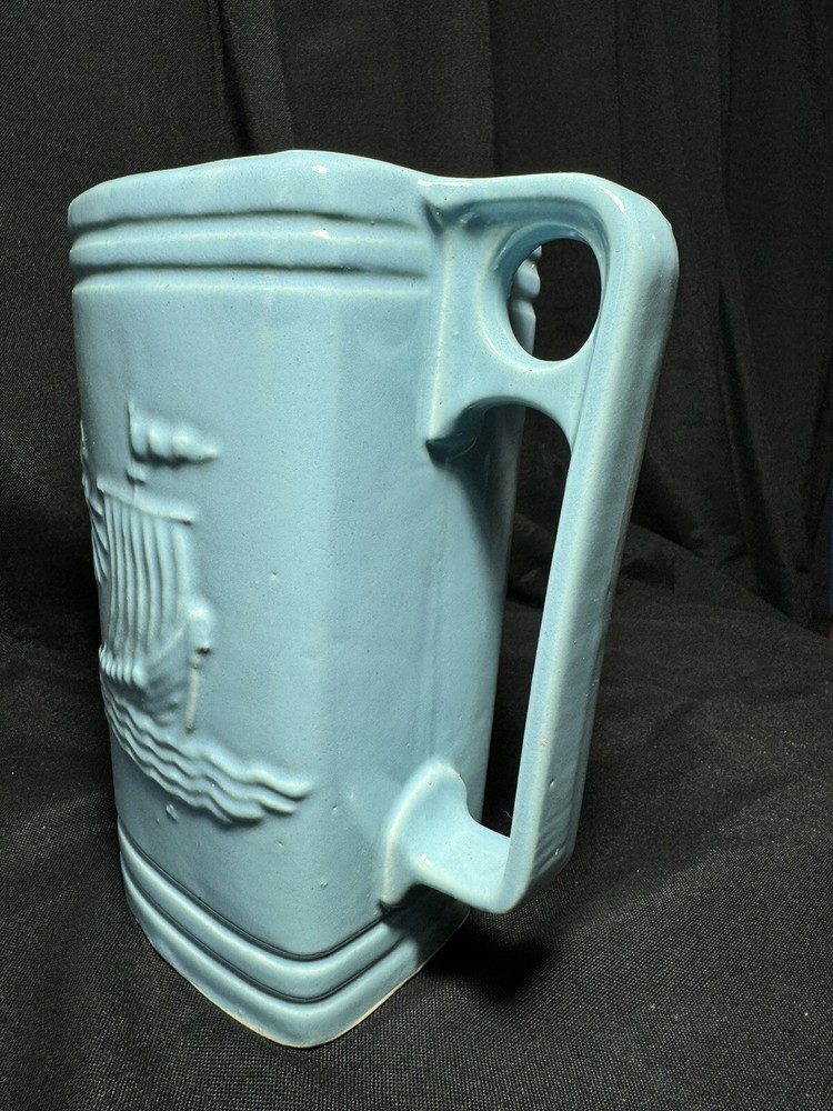 Robinson Ransbottom Zephyr Northwind Viking Sailing Ship Ceramic Pitcher 9”Blue