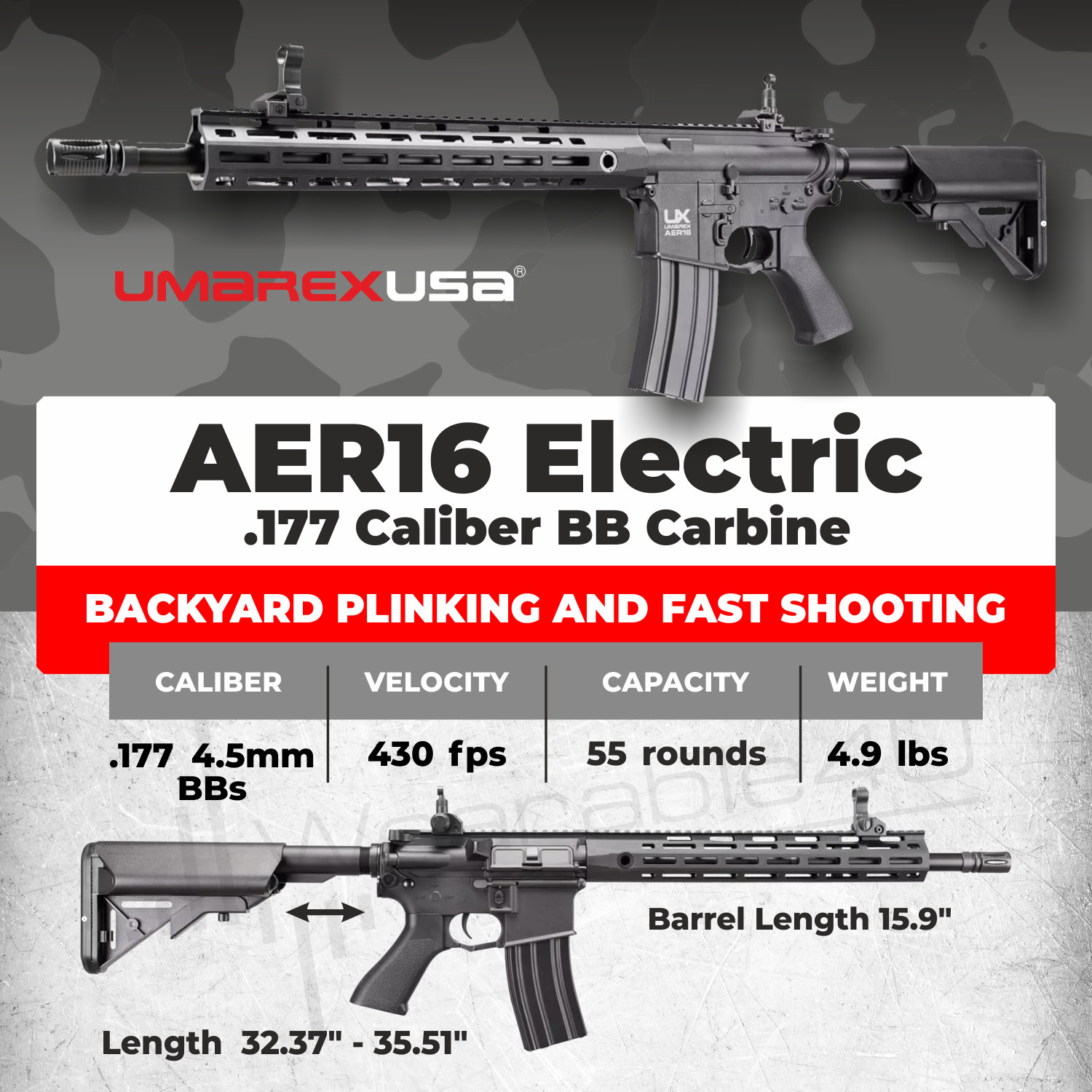 Umarex AER16 .177 Caliber Electric-Powered Full Auto Air Rifle 2252126 with BBs