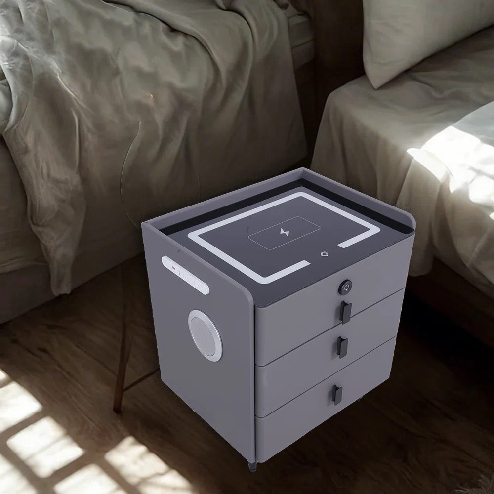 24" Modern Bedroom Smart Bedside Table Fingerprint Unlocking+Bluetooth+Led