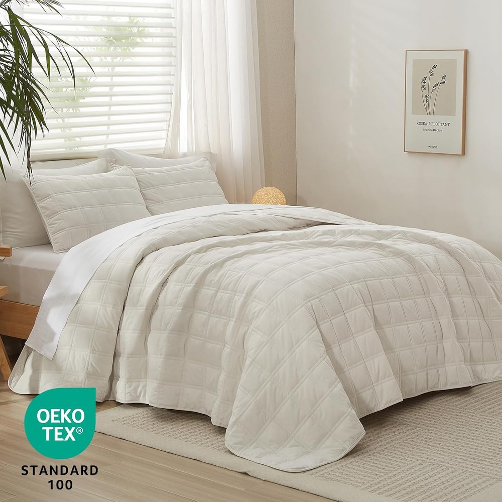 Three-Piece Cream White Set Includes 1 Quilted Comforter and 2 Pillowcases