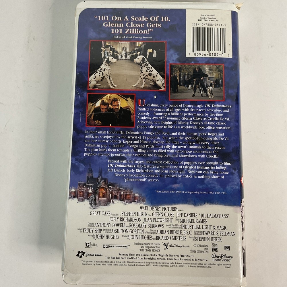 VHS 101 Dalmatians Glenn Close.. All Inserts. Tested / Works. Used. 🐼🐻‍❄️🐶