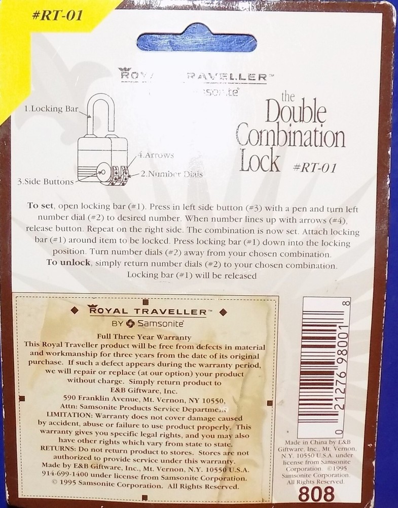 Royal Traveller by Samsonite Luggage Double Combination Lock RT-01