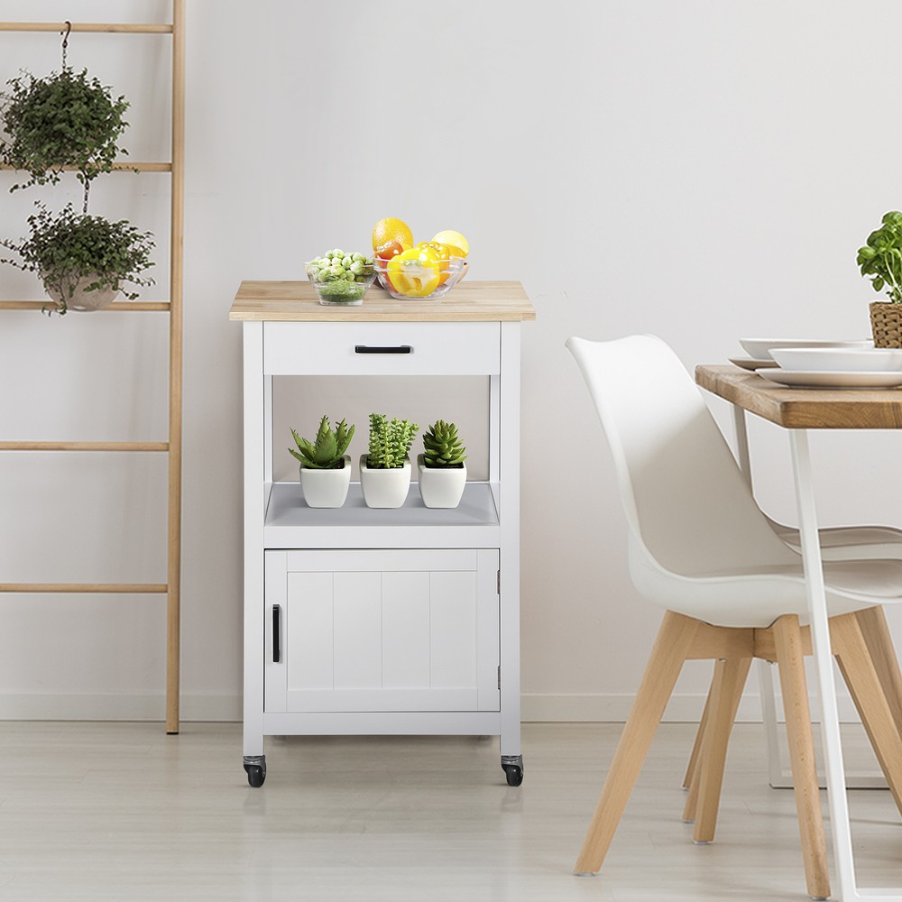 Kitchen Island Rolling Storage Trolley Dining Storage Shelf W/ 360° Wheels White