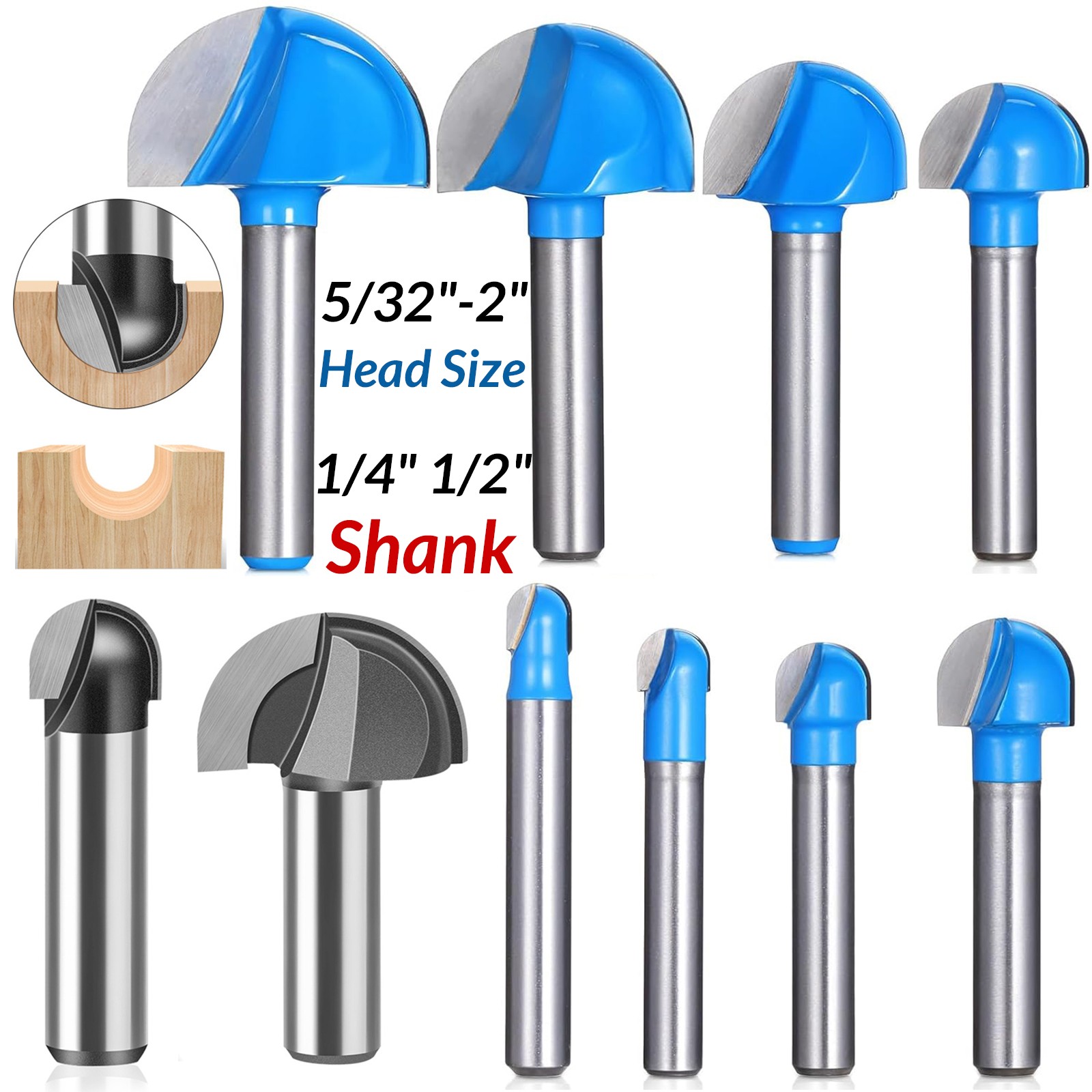 TCT Carbide Cutter Ball End Router Bit Round Milling Cutter 1/4" 1/2" Shank