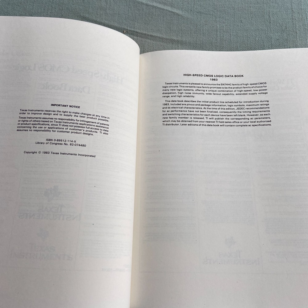 Book Texas Instruments 1983 Silicon-gate Complementary MOS CMOS High Speed TI Lo