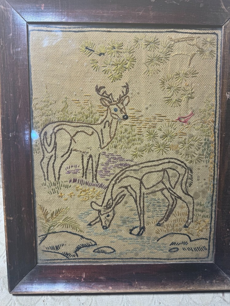 Vintage Needlework "Deer In Landscape Scene" - Framed